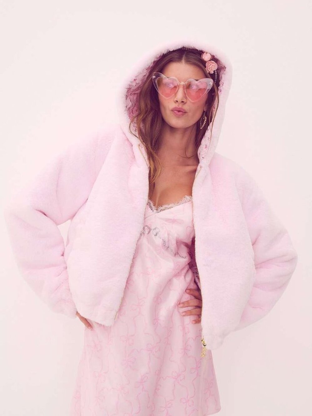 PINK × LoveShackFancy Faux-Fur Cropped Bomber Jacket
